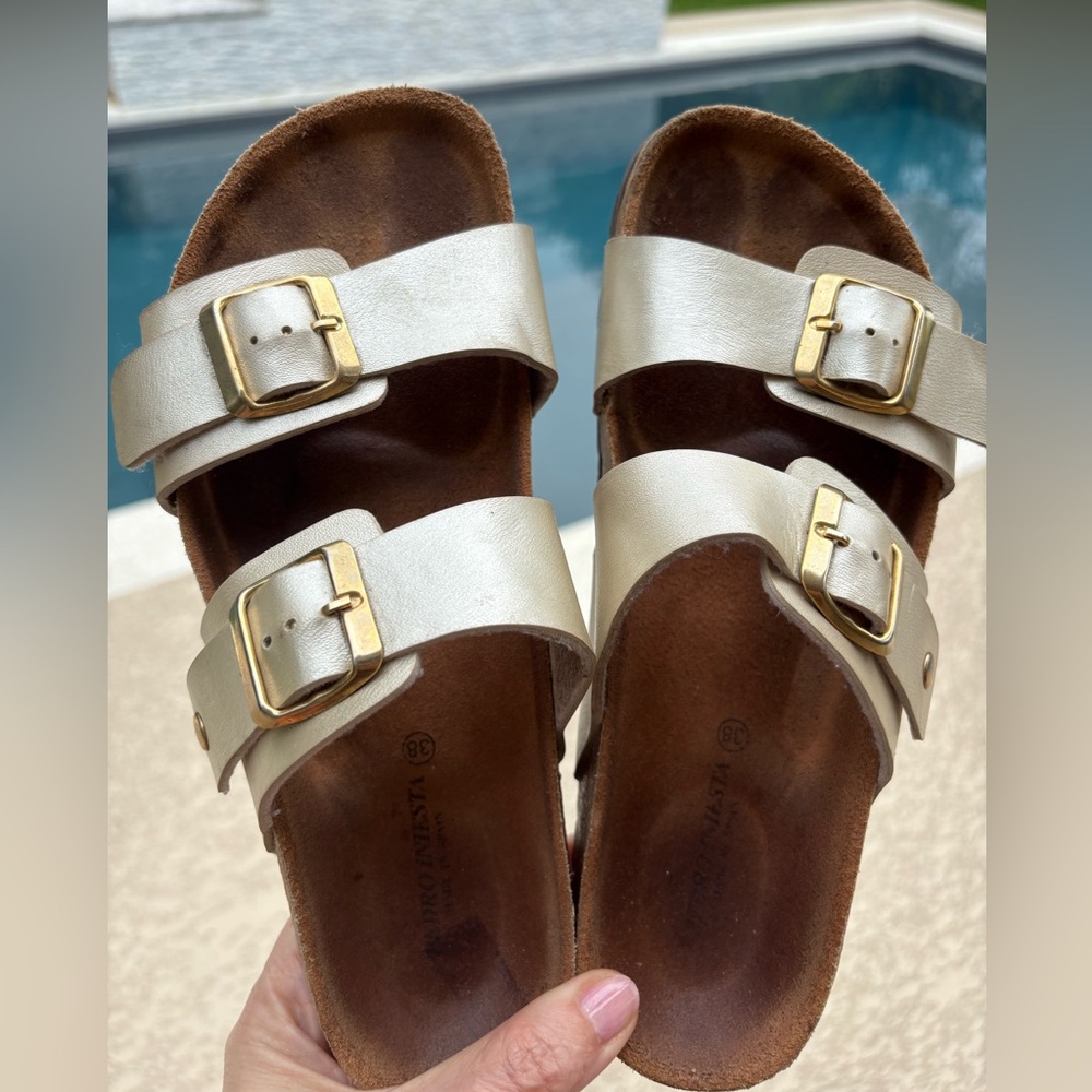 Birkenstock Like styles, Pedro Iniesta 
Double Buckle Slide Sandals in PearlGold